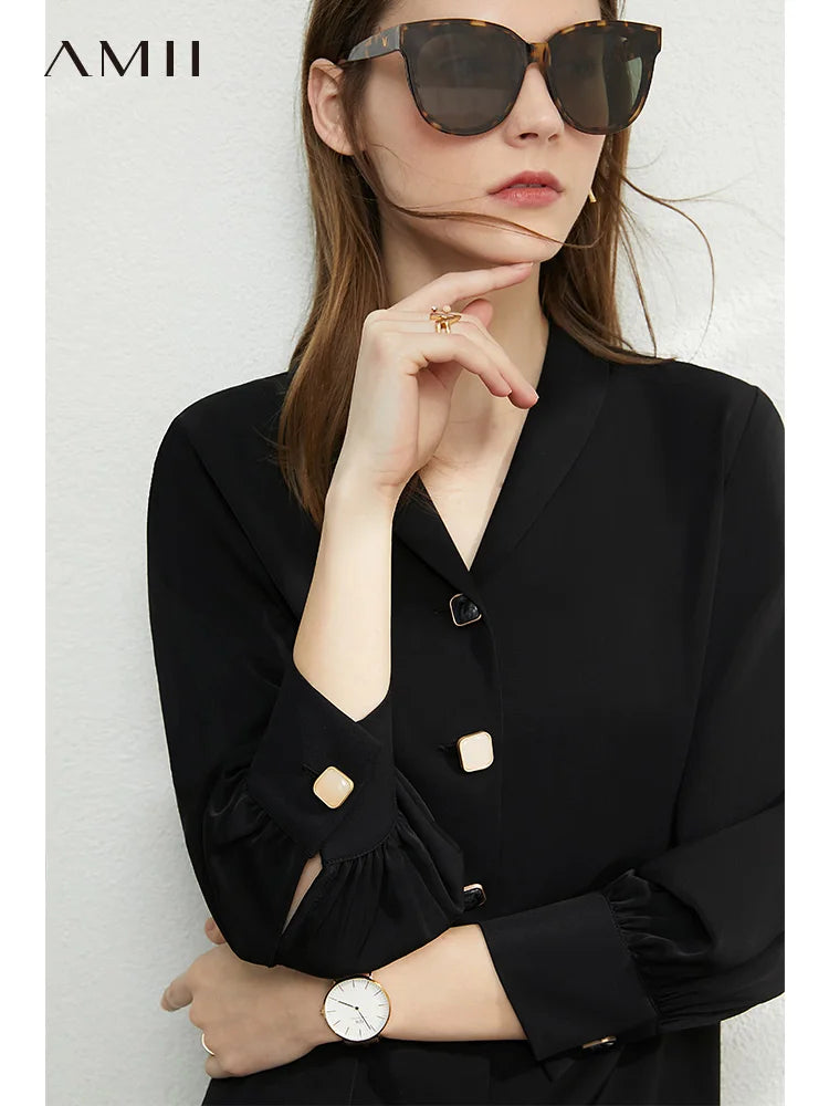 Amii Minimalism Blouse Women Spring Vneck Solid Chiffon Blouse Office Lady Casual Shirts Elegant Blusas Female Tops 12030219 clothes