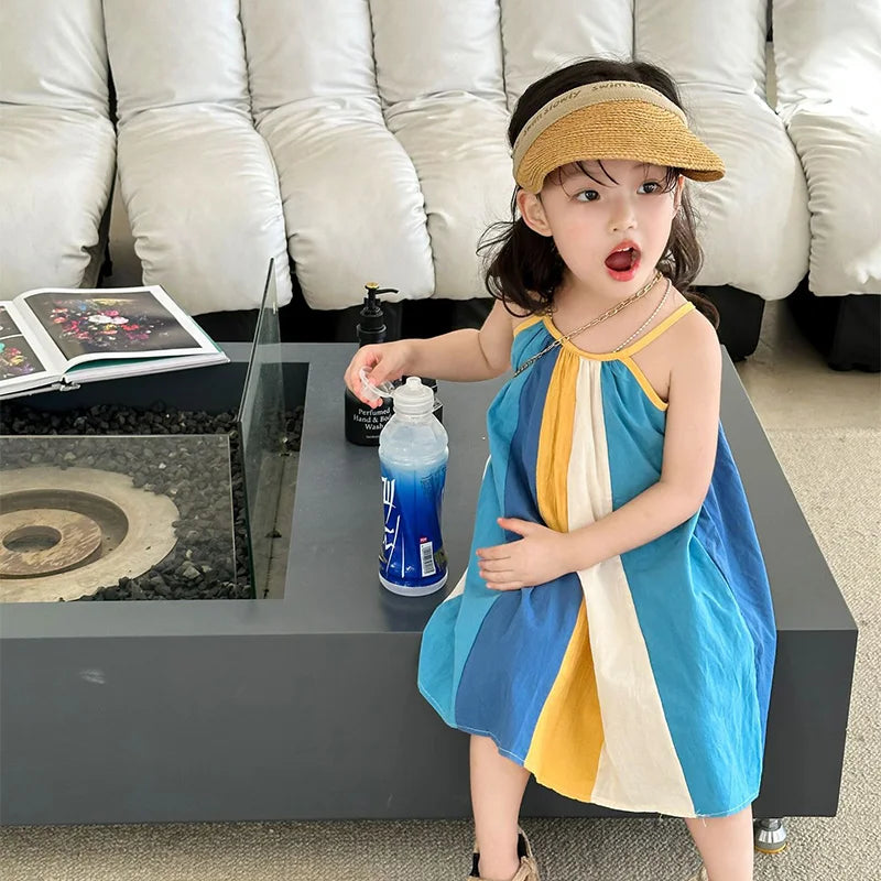 2024 New Summer Girls' Dresses Color Matching Suspender Dress Princess Dress Children's Vacation Beach Dress Baby Kids Clothing