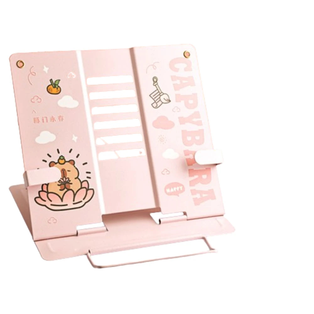 Foldable Metal Book Reading Stand Multi Heights Angles Cartoon Capybara Adjustable Documents Holder Page Paper Clips Cute