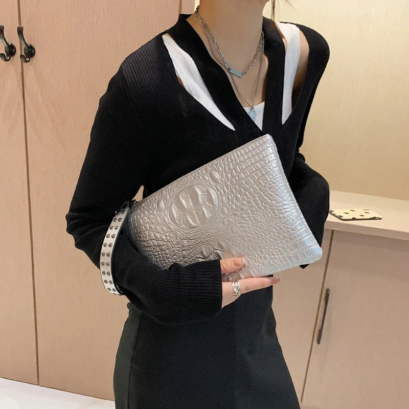 Rivet Clutches for Women 2021 Purses and Handbags Luxury Designer  Crocodile Pattern Pochette Femme Silver Bag Bolsos De Fiesta