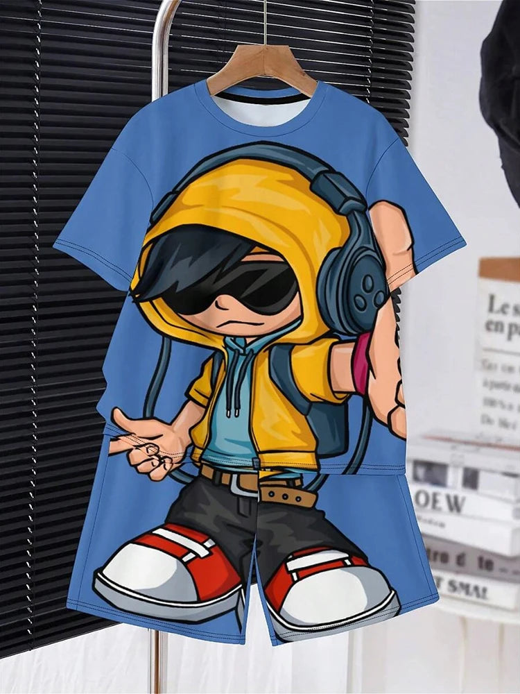 2024 Kids Clothes 2pcs Boys Fun Cartoon Bear Print Short Sleeve T-Shirt Shorts Set Summer Active Boys Complete Stylish Look