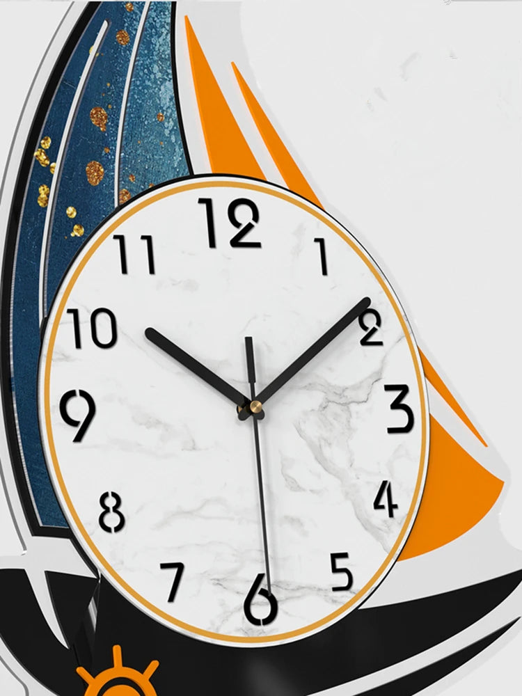 Nordic Sailboat Wall Clock for Living Room, 3D Swing Watch, Home Decoration, Light Luxury Horologe