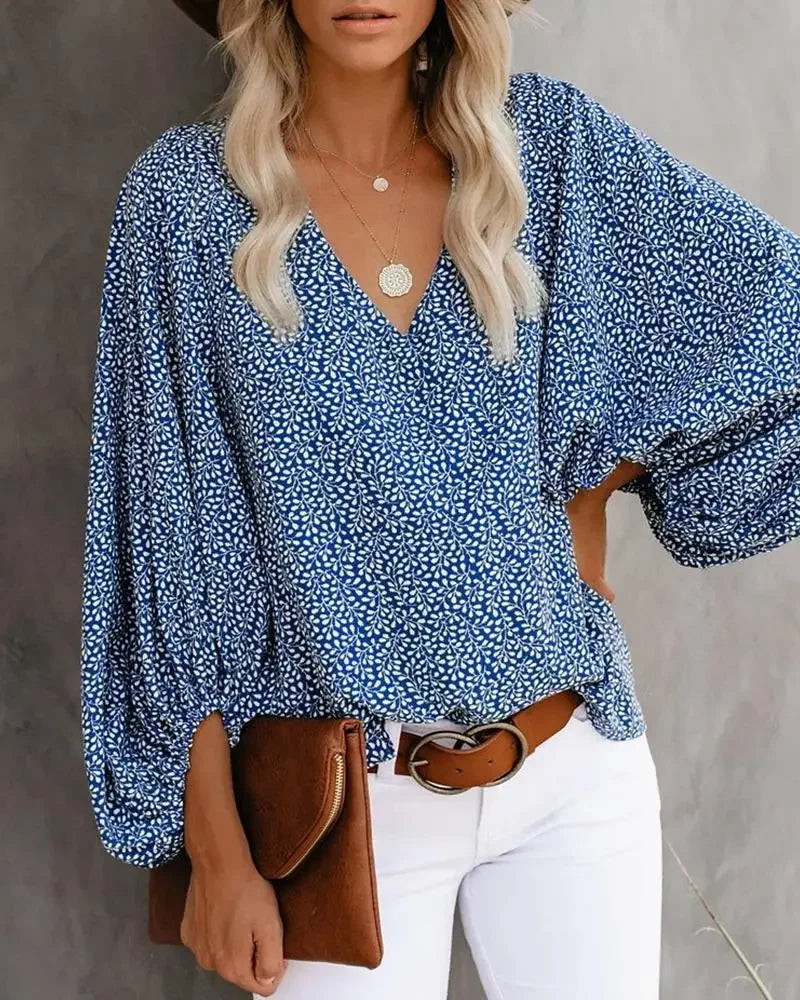 2025 Women's clothes New Arrival Hot Selling Spring And Summer V-neck Casual Printed Lantern Sleeve Shirt Ladies Clothes Fashion Shirts