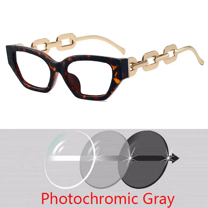 Vintage Small Frame Sunglasses with Chain Legs Cat Eyes Stylish Eyewear Prescription Sunglasses Women 0 -0.5 -0.75 -2.0 To -6.0
