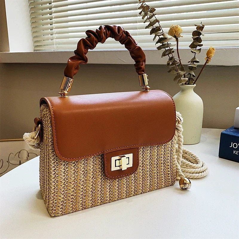 Straw Beach Bag for Women 2021 Summer Pleated Handle Luxury Designer Contrast Color Crossbody Purse and Handbag Lady Bolsos