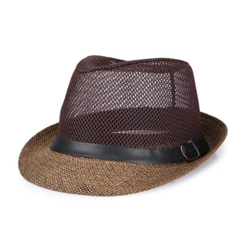 Summer linen breathable sunhat Jazz Hat small hat outdoor sun hat men's leather belt Hawkins Felt Cap Western cowboy hat F59
