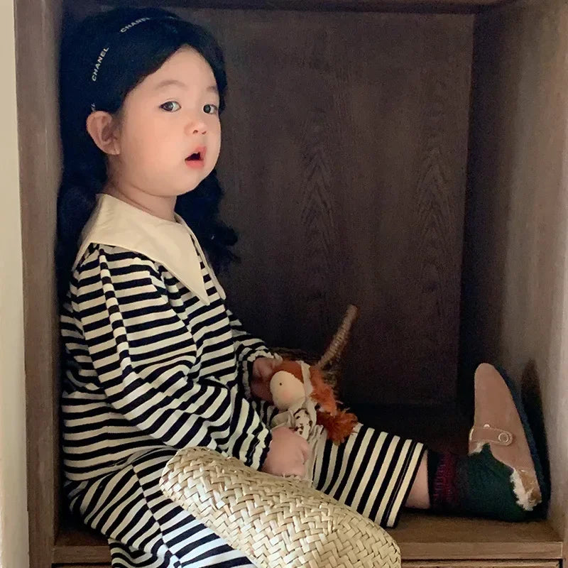 Children's Clothing Sets Big Lapel Striped Top and Wide-leg Pants 2pcs Sets Baby Girl Outfit Set Toddler Girl Clothes