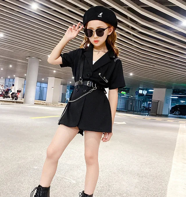 kids dresses for girls black suit mini dress vestidos strap streetwear teens Korean baby clothes children fashion 4 to 16 yrs