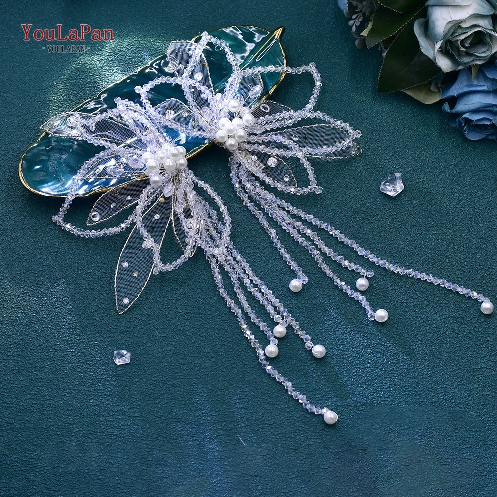 YouLaPan 2 Pce Butterfly Shape Hair Chip Handband Handmade Crystal Tassel Bride Headwear Shiny Wedding Hair Accessories HP694