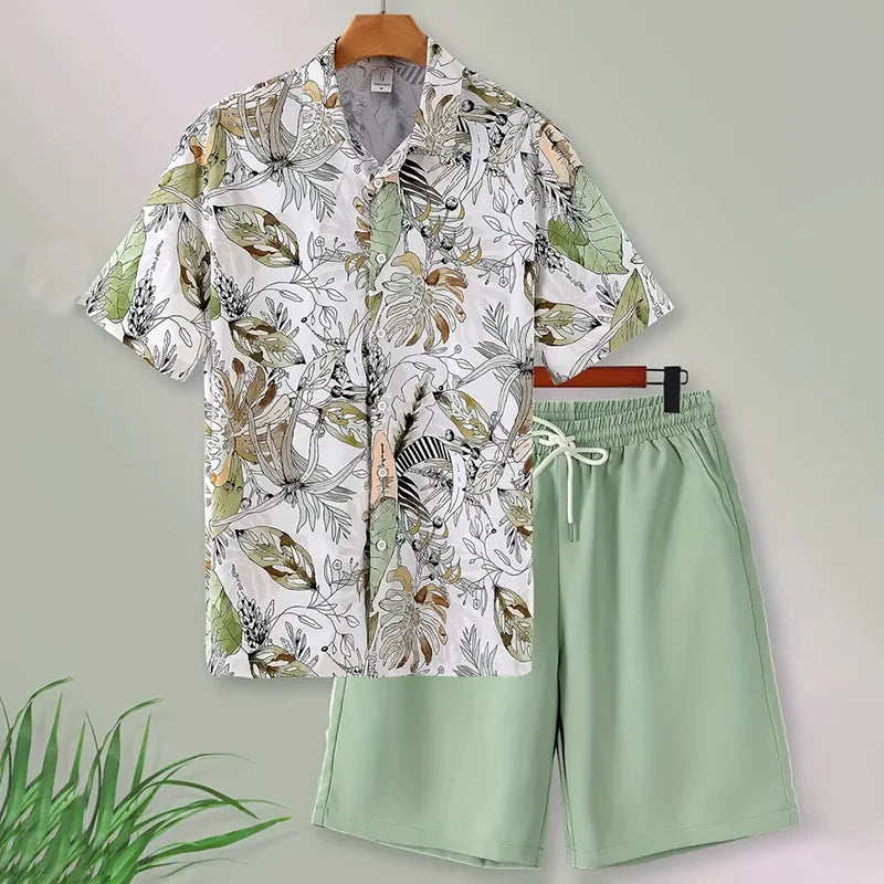 Stylish Lapel Button-Down Shirt Shorts Set Summer Men's Short-Sleeved Shirt Drawstring Shorts 2-Piece 3D Leaf Print Travel Suit mon