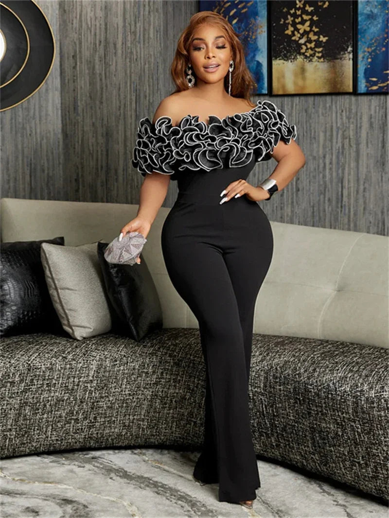 Elegant Off Shoulder Jumpsuits Summer Clothes Women 2025 Rose Cascading Ruffle Long Rompers Playsuits One Pieces Overalls Outfit