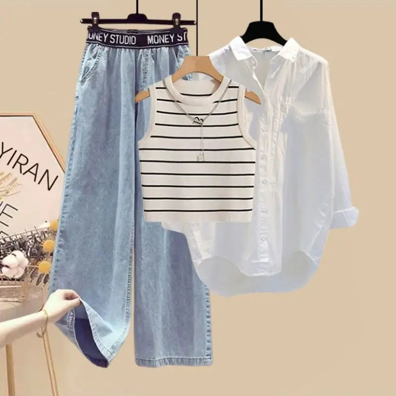 Women Summer New White Sunscreen Shirt Top+Striped Vest+Wide Leg Jeans 3 Piece Suit 2024 Korean Elegant Denim Pants Matching Set