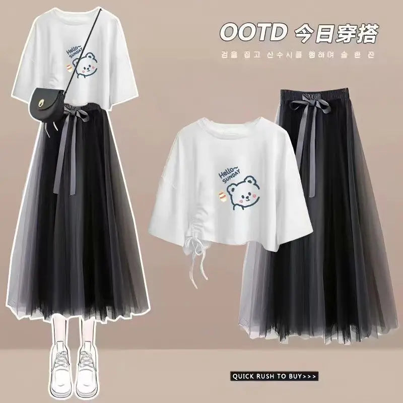 2024 Summer New Korean Elegant Cute Short Sleeved T-shirt+Mesh Midi Skirt Two Piece Suit Women's Loose Top Dress Matching Set