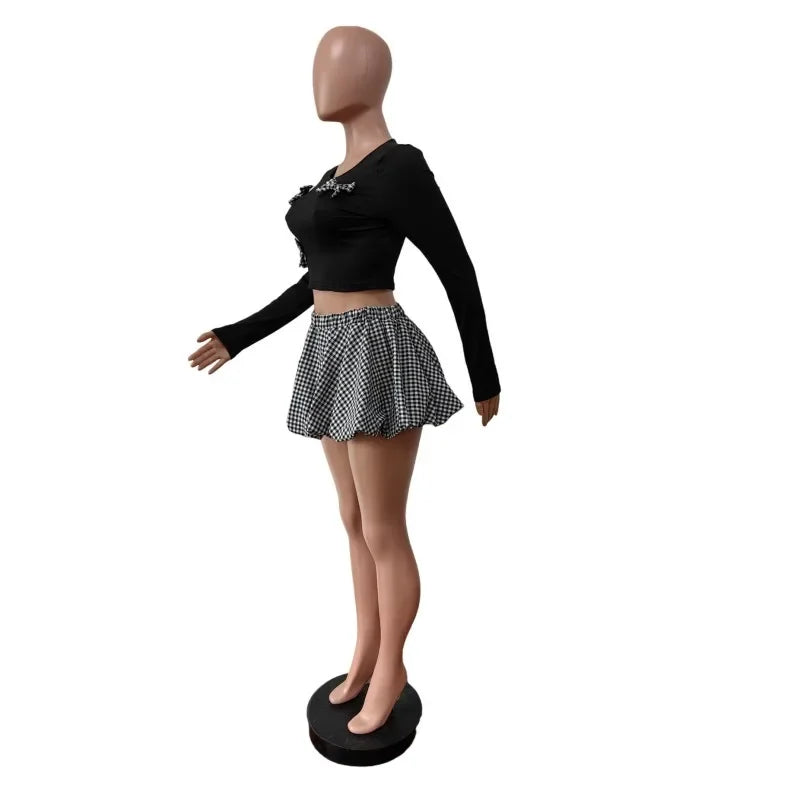 Women Fashion 2 Piece Set Bow Decor O-neck Long Sleeve T-shirts Crop Tops + Mini Plaid Puffy Shorts Skirts Casual Street Suits