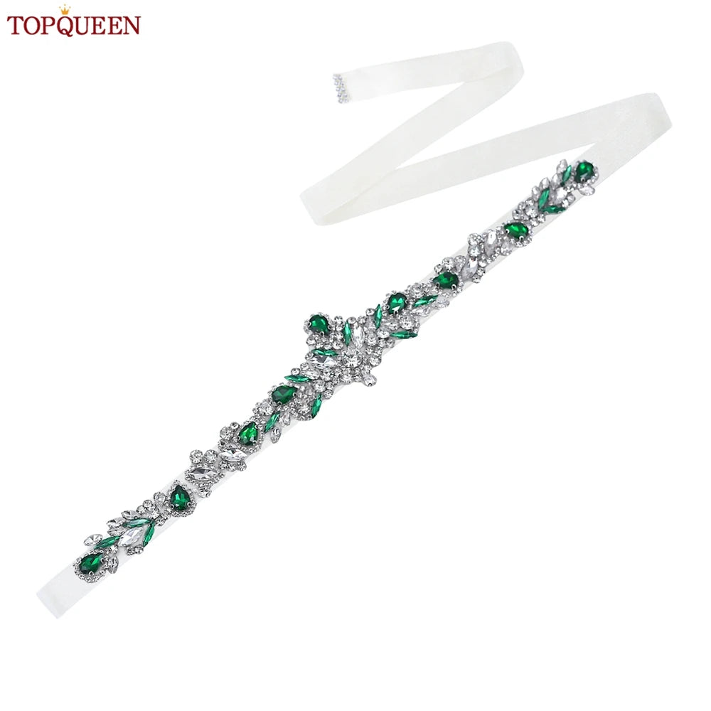 TOPQUEEN S462-KL Rhinestone Bridal Belt Wedding With Green Diamond Wedding Dress Accessories Belt Sash Party Women Dress Belt