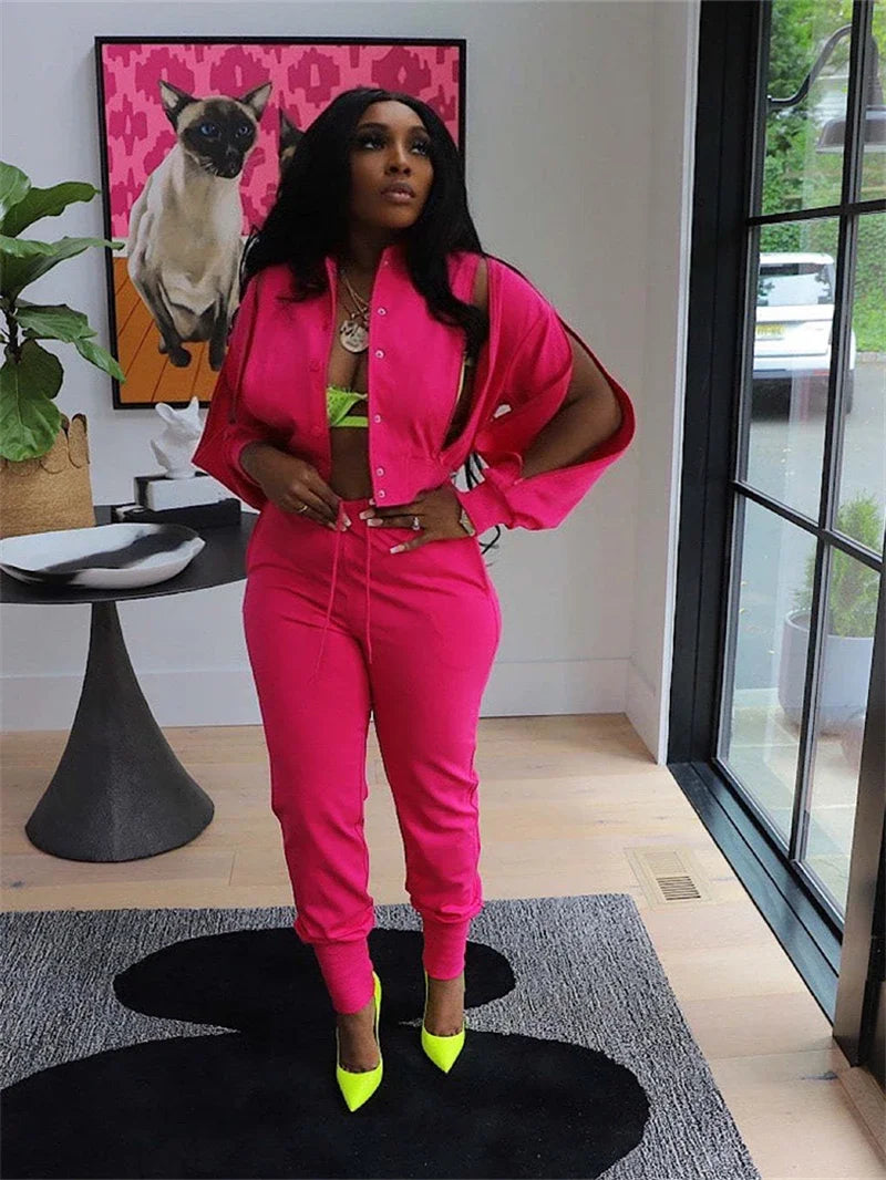Streetwear 2 Piece Sets Women Outfit Spring Clothes 2025 Women Zip Up Hollow Out Jacket Top and Pant Sets Two Pieces Sweatsuits