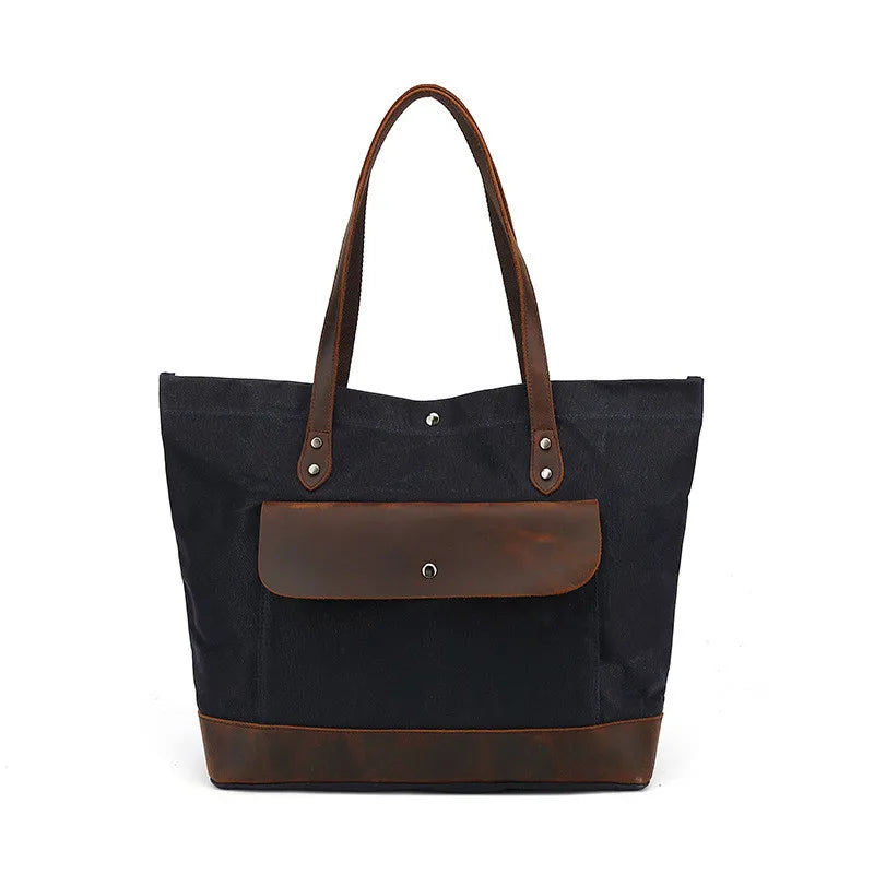 Casual Oil Wax Canvas With Genuine Leather Women's Handbag Waterproof Tote Bag Shoulder Messenger Shopping Bag Storage Bags