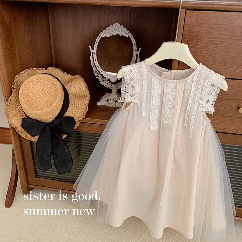 2024 Summer New 2 3 4 5 6 7 8 9 10 12 Years Children Lace Patchwork Cotton Embroidery Sleeveless Loose Dress For Kids Baby Girl