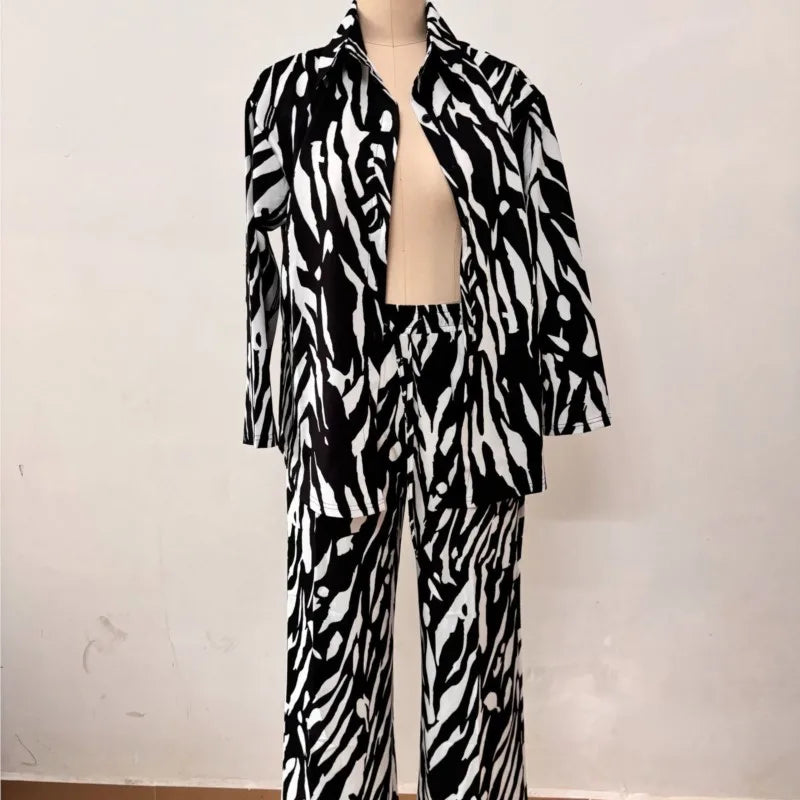 Women's Zebra Print 2-piece Set 2025 Spring Summer New Fashion Long Sleeve Shirt Top High Waist Wide Leg Pants Casual Outfits