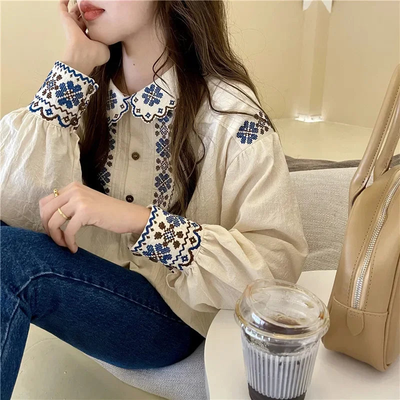 Korobov Vintage Autumn Shirts Embroidery Lapel Long-sleeved Blouses Female Camisas Puffed Sleeve Doll Collar Top Korean Fashion