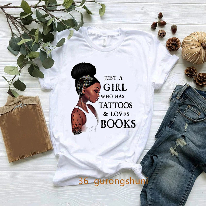 New Nerdy Dirty Inked And Curvy T-Shirt Melanin Black Queen Loves Books T Shirt Women Clothes Short Sleeve 90s Tees Summer Tops