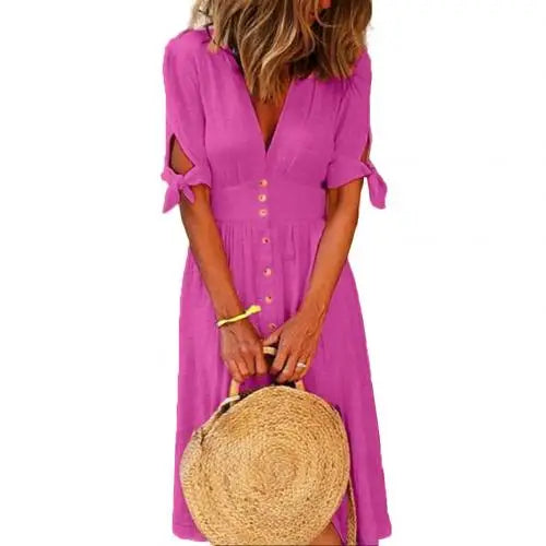 Yellow Dresses Women Fashion Solid Color Deep V Neck Tied Half Sleeve Button Party Long Dress Women's Clothing Dress платье