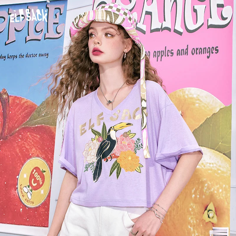ELFSACK 2024 summer new arrival V-neck shiny letter print casual petite short-sleeved T-shirt for women clothes