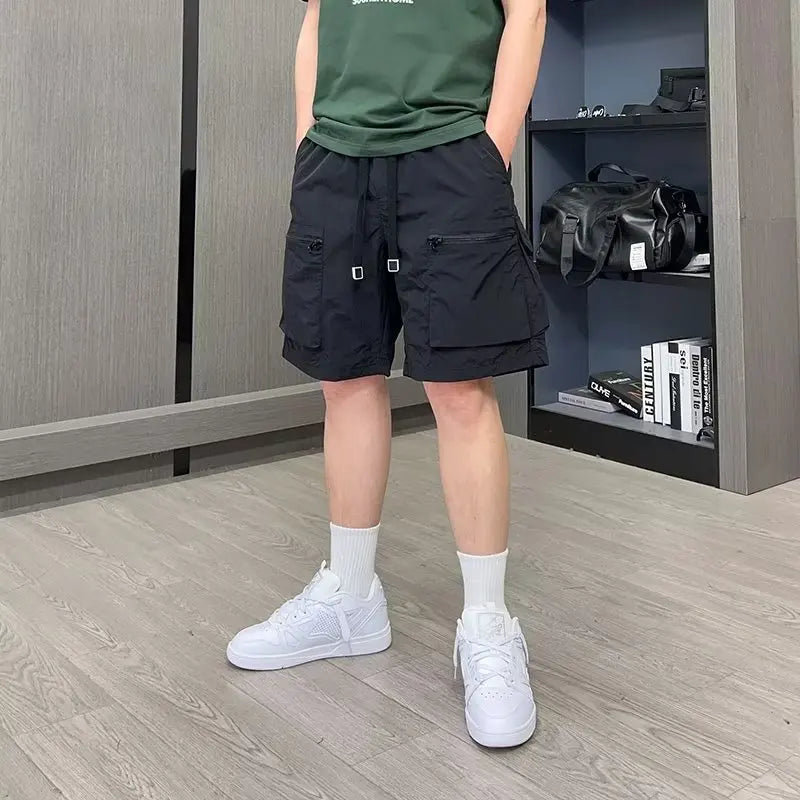 Cargo-Shorts für Herren, einfarbig, locker, trendig, amerikanischer Stil, High Street, mehrere Taschen, Reißverschluss, Alltag, Sommer, Kordelzug, schön, jugendlich