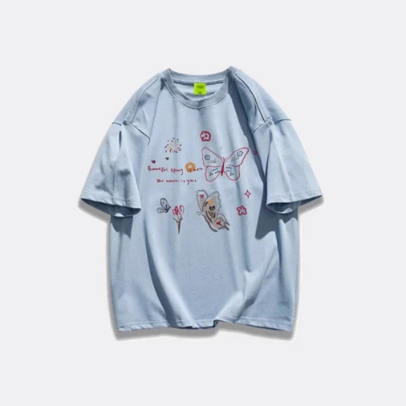 2025 New Arrival clothes Simple Style Women's Summer Loose Casual Round Neck Niche Top T-Shirt Print Butterfly Ladies Clothes T-shirts