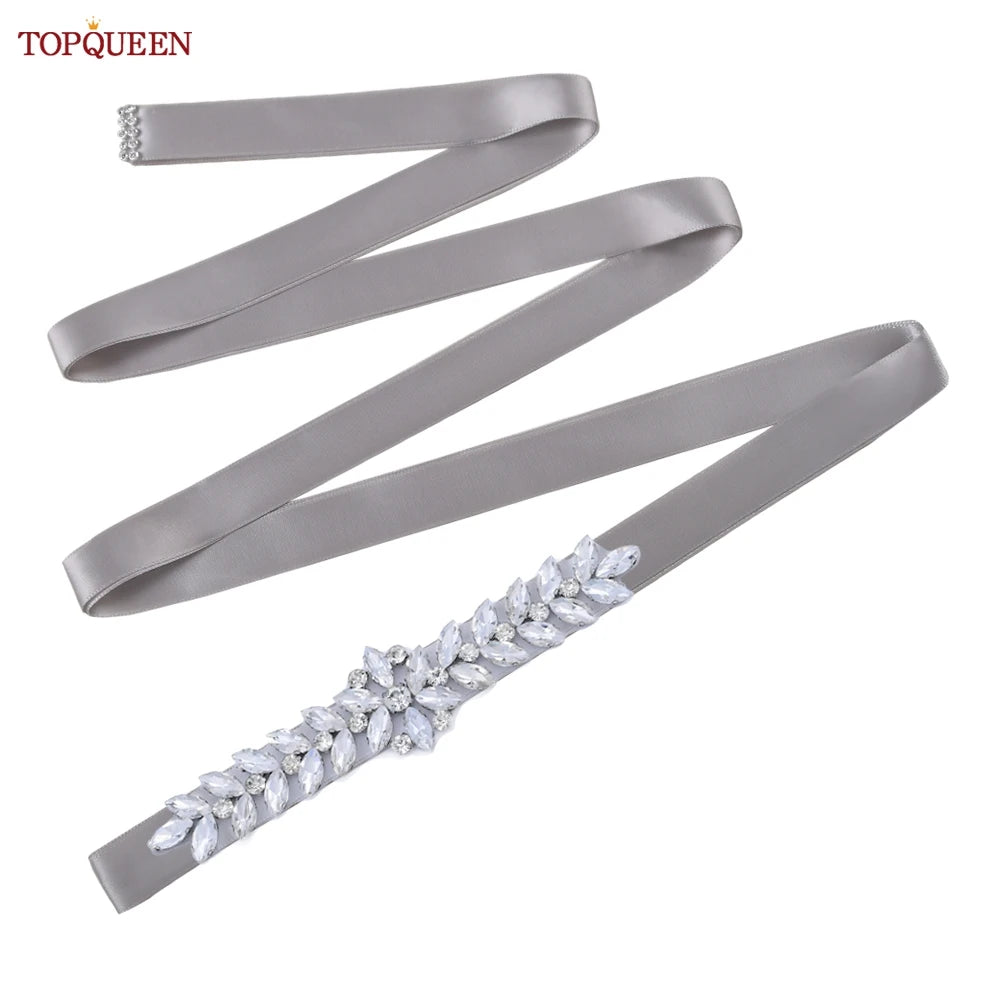TOPQUEEN Wedding Dress Belt Sash Banquet Party Accessories Bridal Belt Silver Rhinestone Handmade Applique S69
