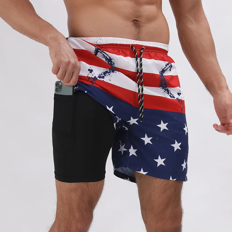 Summer Shorts Men Double Layer Beach Wear Surf Swimming Sportswear Fitness Loose Shorts Casual Trouser New Swimwear