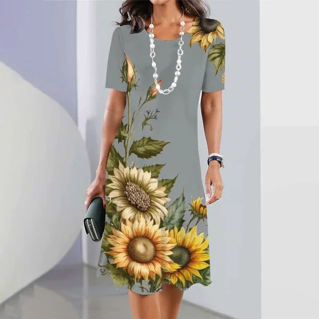 New Sunflower Print Women's Dresses Female Elegant Loose Mini Dress Summer Plus Size Short Sleeve Dress Fashion Women's Clothing clothes