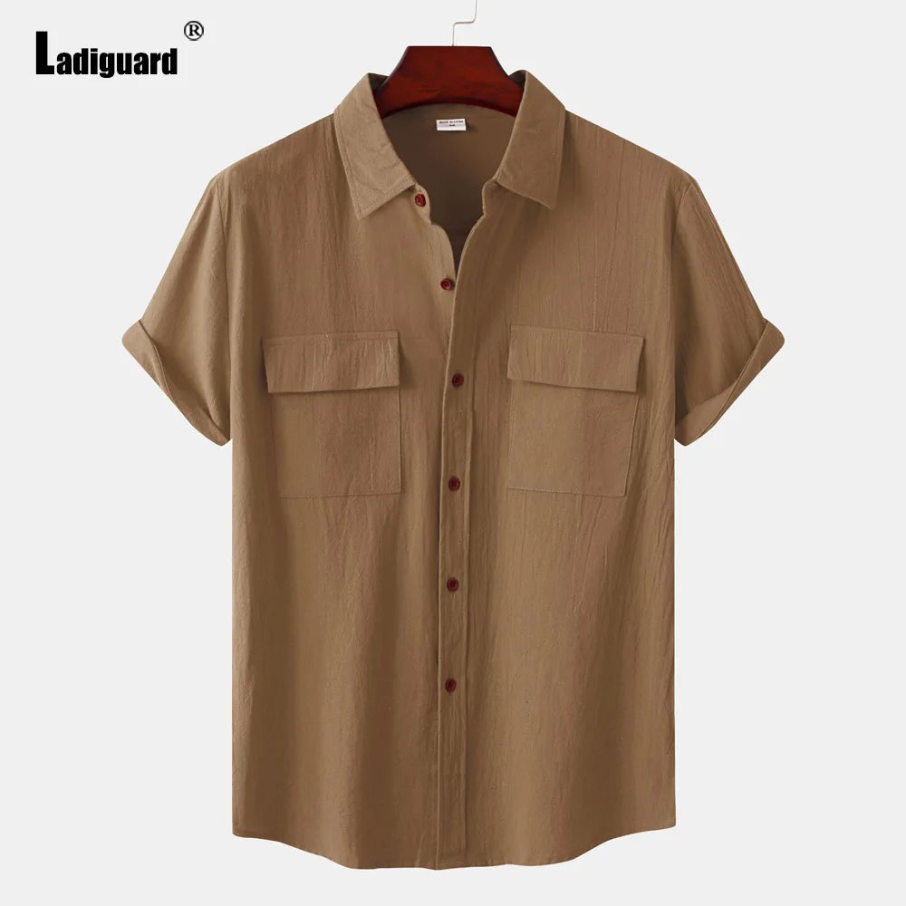 Men Short Sleeve Linen Shirts ,Black Soft Blouse Vintage Casual Stand Pocket Tops mon
