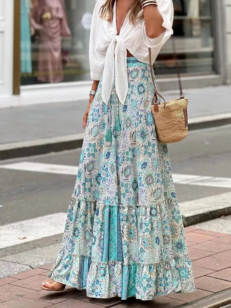 Long Floral Printing Skirt Lady 2025 Summer Autumn Loose Casual Skirt Fashion Elastic Waist Beach Commuting Skirts Women Clothes
