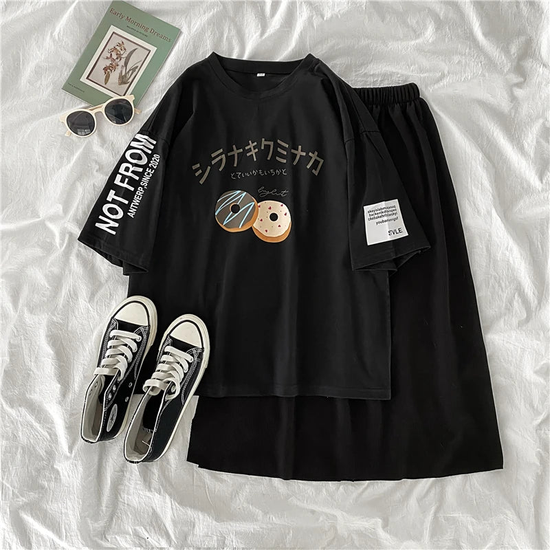 preppy style women Two Piece Set Outfit summer short Sleeve letters Tops & dress suits casual loose t-shirts + skrit woman sets