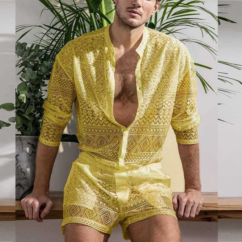 Men's Beach Wear Mesh Sets Spring Summer Sports Polo Shirts & Pants Tracksuits Breathable Casual Jogging Suits Holiday Clothes mon