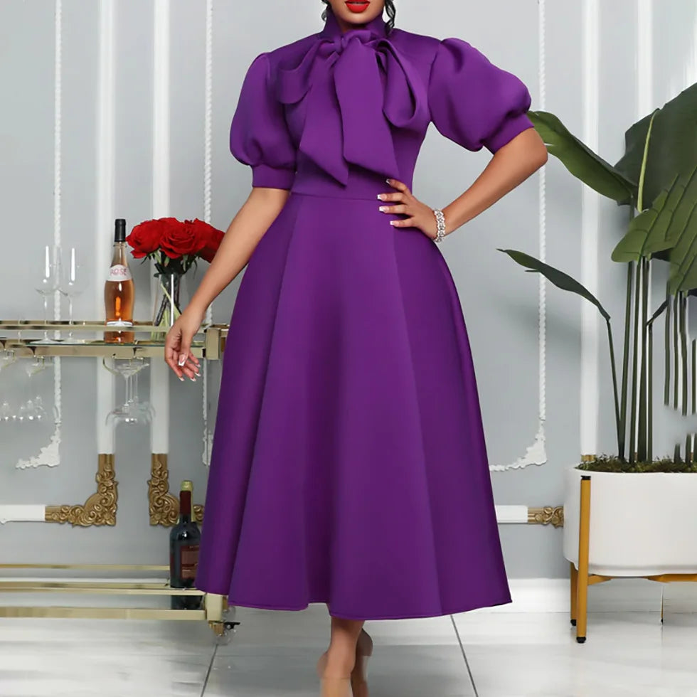 FairyShely 2025 Puff Short Sleeve Plus Size Dress Women Solid Bow Large Big Dresses Summer Lady O-Neck Party Tight Curvy Dress