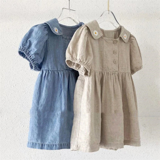 New Summer Girls' Baby Dress Campus Style Flower Embroidery Lapel Bubble Short Sleeve Denim Dress Student Clothes Children Dress