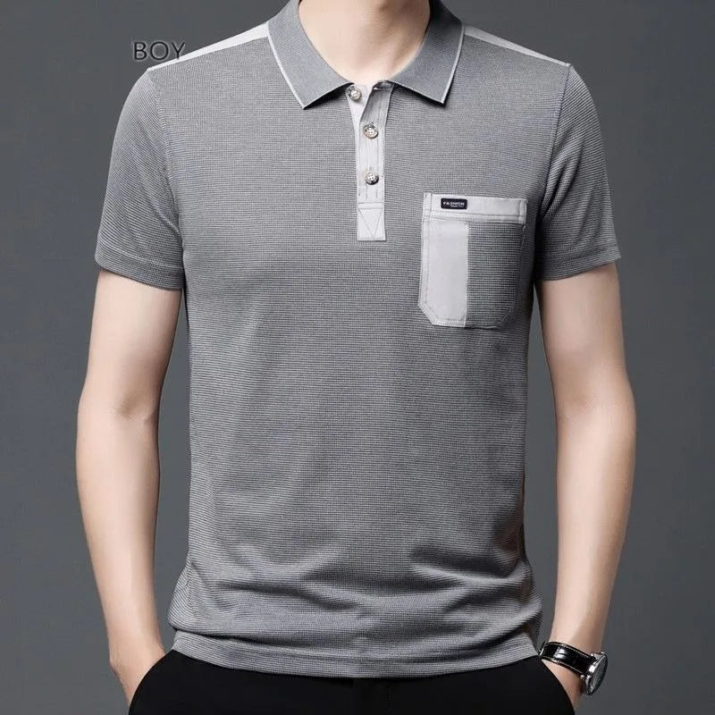 Men's Short Sleeve T-shirt Blouses Summer Thin Casual Poloturn-down Collar Tees Pockets Fashion Patchwork Vintage Tops mon