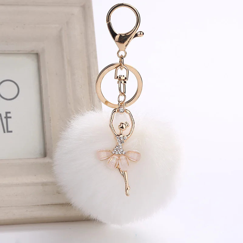 Car Women handBag Key Chain Fashion Pearl Chain Crystal Bottle Bow Pompom Keychain Fluffy Puff Ball Keychains Jewelry