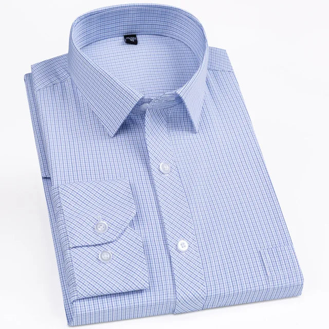 Men's Classic Standard-fit Plaid/striped Social Office Dress Shirt Single Patch Pocket Long Sleeve Formal Business Basic Shirts