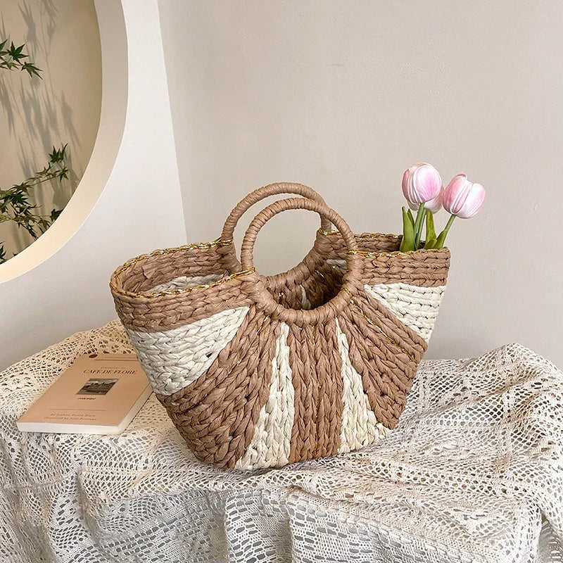 Large Beach Straw Bag 2025 Summer Rattan Woven Handbags Half Moon Design Top-Handle Tote Ladies Travel Shopping Bag Purse Sac