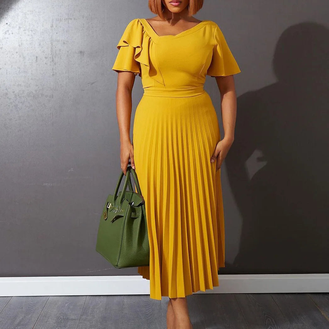 FairyShely 2025 Ruffle Short Sleeve Plus Size Long Dress Women Solid Large Big Folds Dresses Lady Summer Party Tight Curvy Dress