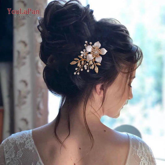 TOPQUEEN Luxury Wedding Hairpins Alloy Flower Wedding Comb Golden Color Bridal Wedding Accessories Pearl Bridal Hair Clips HP359