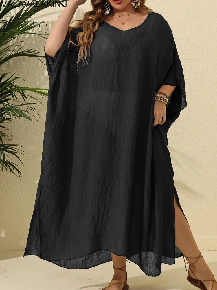 2025 Women Short Sleeve Plus Size Cove Up Solid Large Big Tunic Lady Chubby Beach Long Dress Brazilian Curvy Swimsuit Cover-Ups