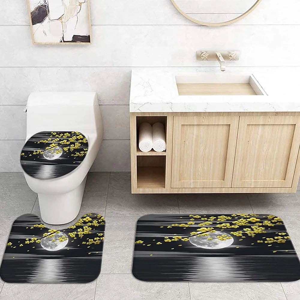 Japanese Cherry Blossom Shower Curtain Set Non-Slip Rug Toilet Lid Cover Bath Mat Spring Sakura Flower Pastoral Bathroom Curtain