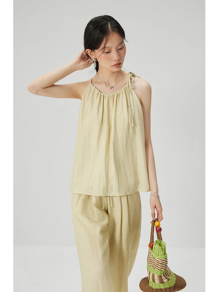 ZIQIAO Petite Linen Sleeveless Top and Pants Set for Women's 2024 Summer Outfit, New Vacation Style Temperament Outfit