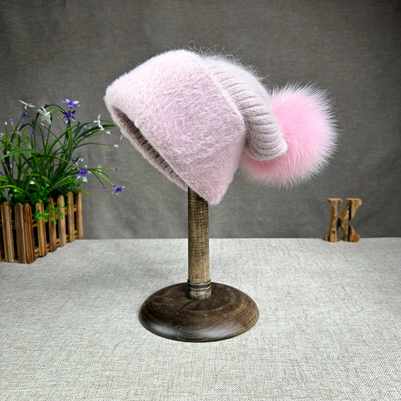 2024 new women's thickened Korean version fox fur ball knitted hat women's autumn and winter rabbit fur plush woolen hat trend
