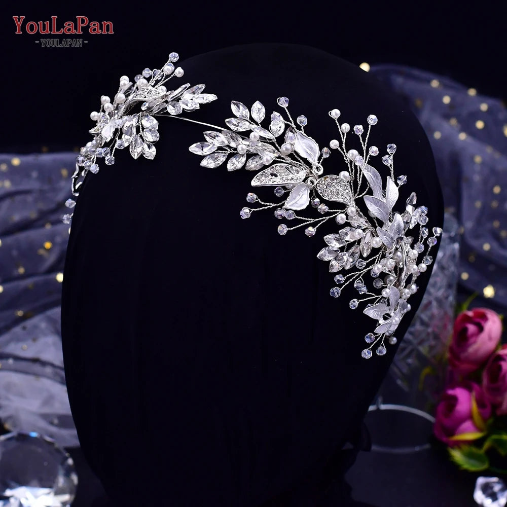 YouLaPan Crystal Bridal Headpiece Alloy Leaf Headband for Brides Wedding Hair Accessories Princess Tiara Pageant Headdress HP272