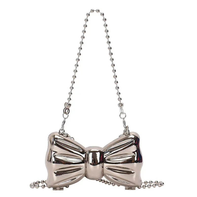 Fashion Female Mini Bag Cute Bow Bag 2024 New Silver Headphone Lipstick Bag Kawaii Evening Clutch Metal Handbags Girls Gift